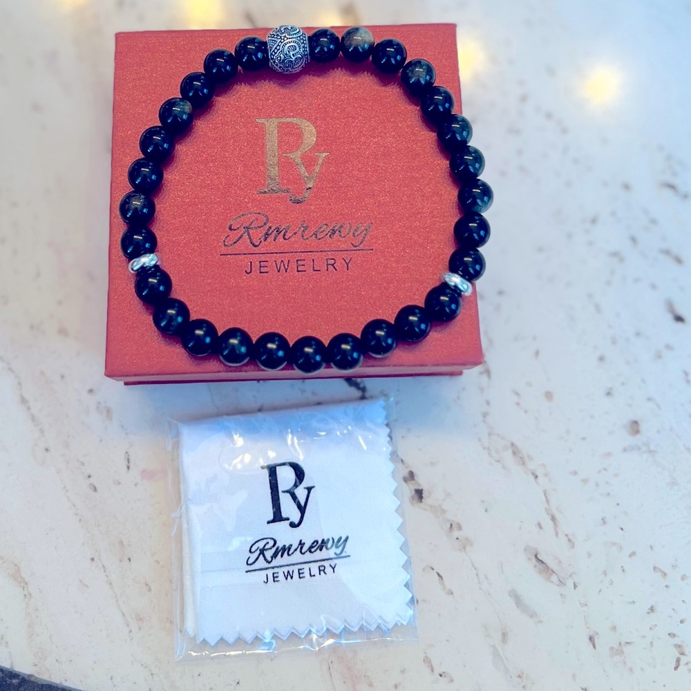HANDMADE BLACK TIGER's EYE BRACELET WITH STERLING SILVER OM PENDANT